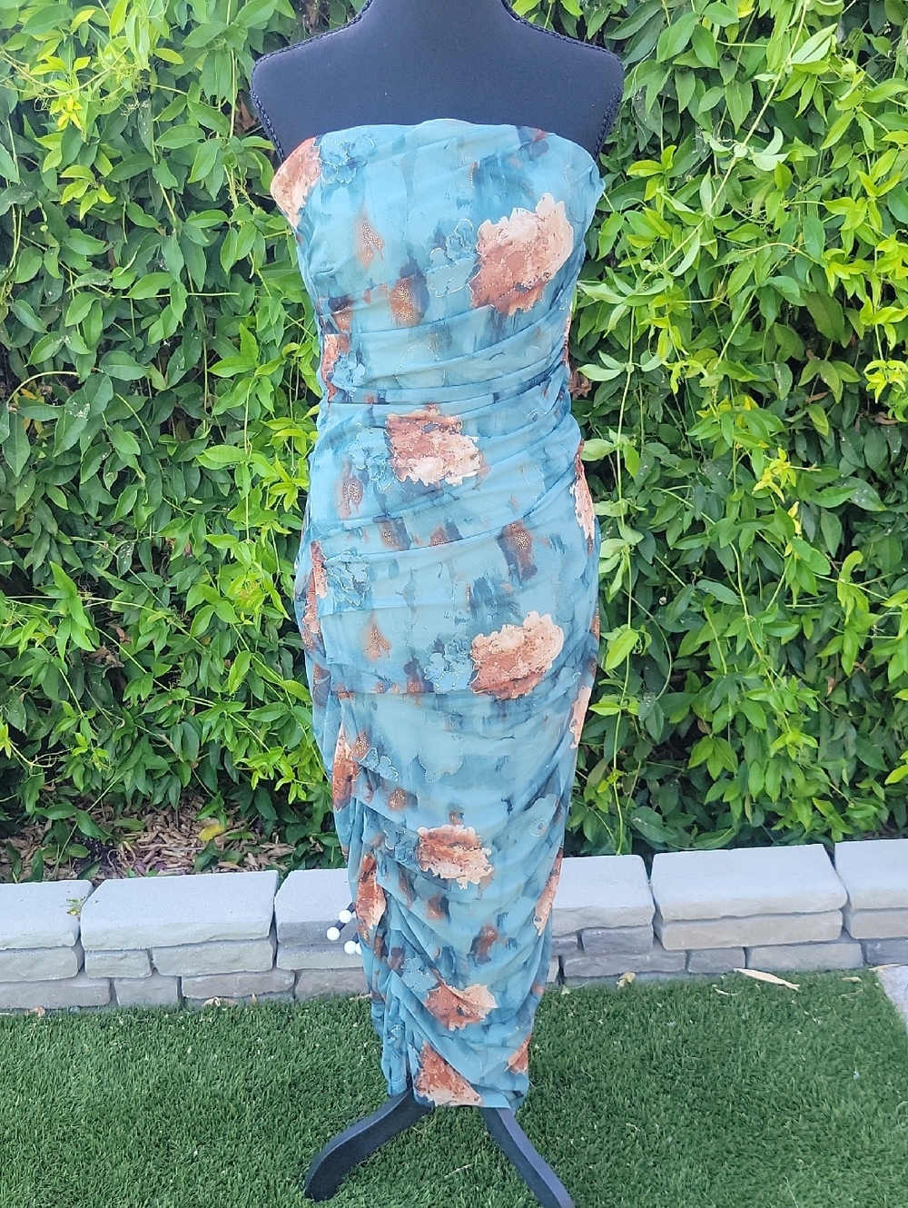 Strapless Mesh Teal Floral Gold Accent Ruched Midi Maxi Dress L